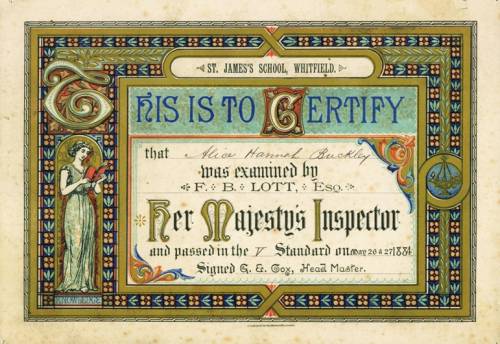 Alice Buckley, Whitfield School Certificate, Standard V, 1884