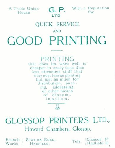 Glossop Printers advert, Mount Pleasant Bazaar 1926