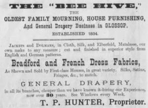 T P Hunter advert from Hadfield Wesleyan Bazaar programme 1882