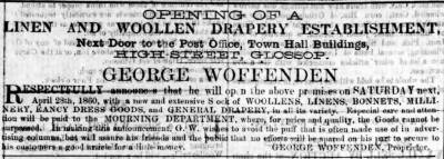 George Woffenden's advertisement in the Glossop Record, 21 April 1860