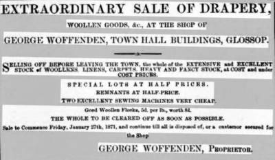 George Woffenden's advertisement in the Glossop Record, 28 January 1871