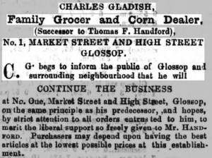 Charles Gladish's advertisement in the Glossop Record, 2 May 1868